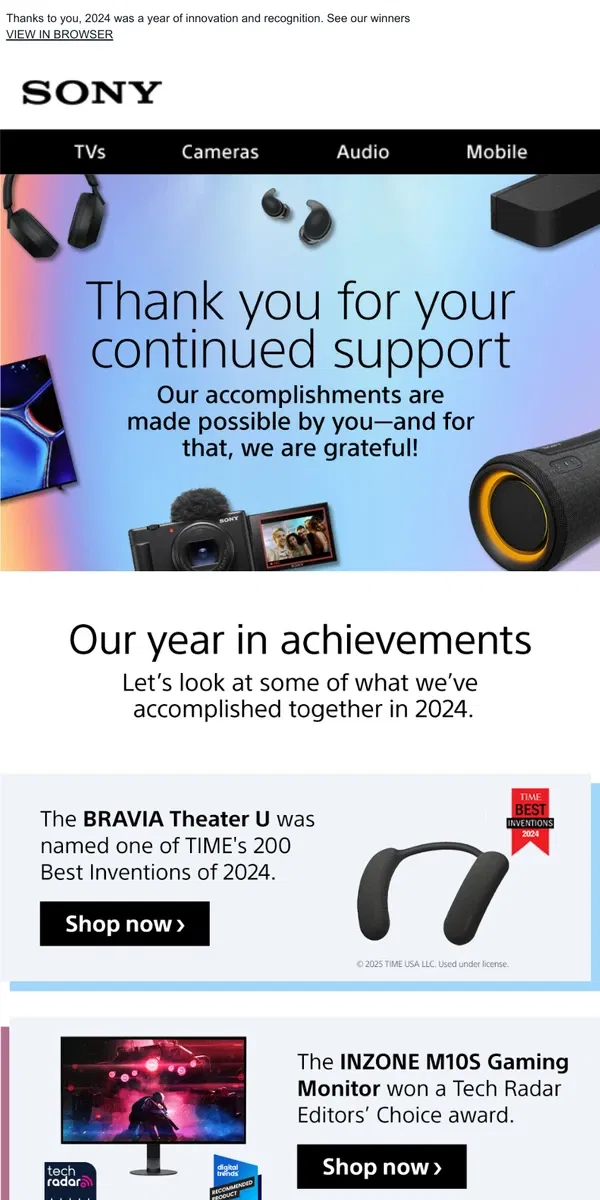 Email from Sony. Our 2024 Award Winners | Made Possible By You