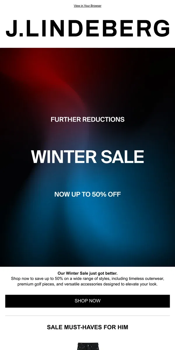 Email from J.Lindeberg. Winter Sale: Further Reductions