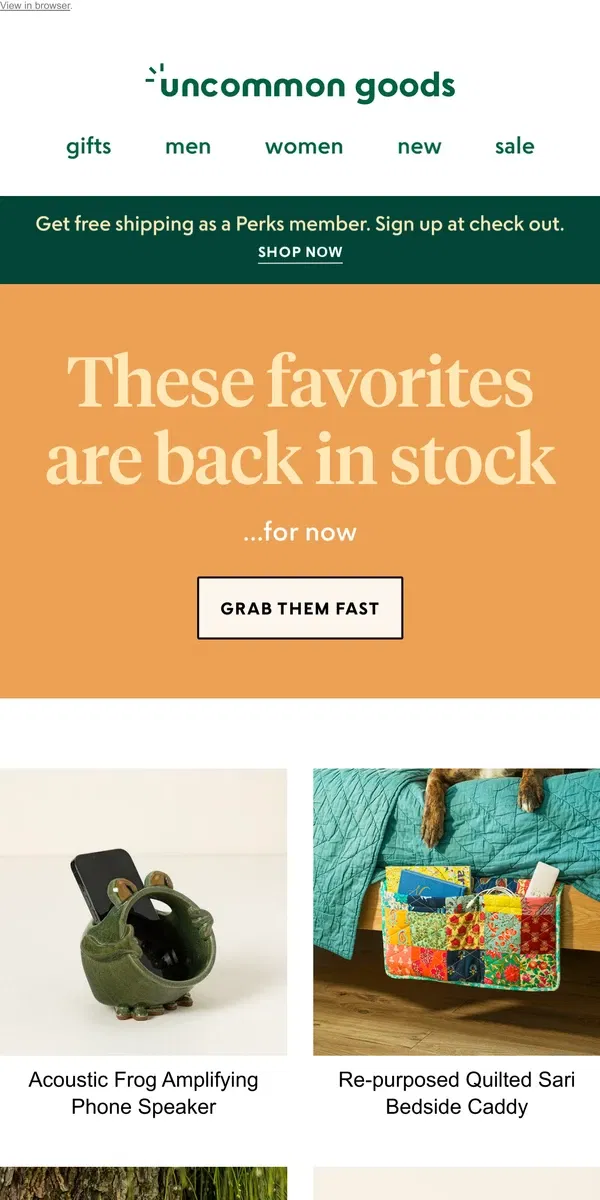 Email from Uncommon Goods. Back in stock