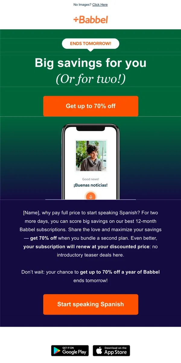 Email from Babbel. Your 70% OFF a 12-month subscription ends soon.