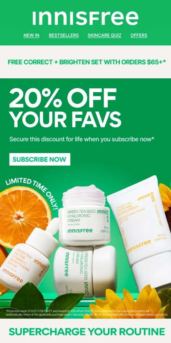 Email from innisfree. LAST CHANCE! 20% OFF Subscriptions For Life!