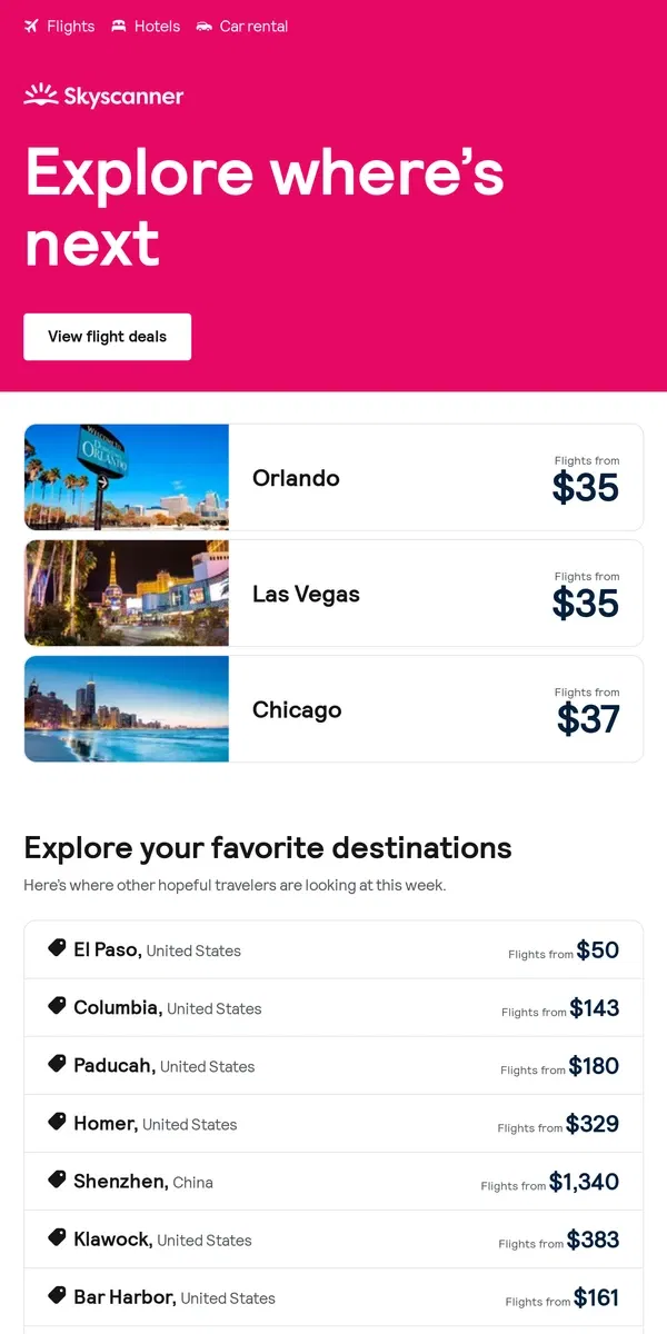 Email from Skyscanner. Orlando from $35 and more ✈️