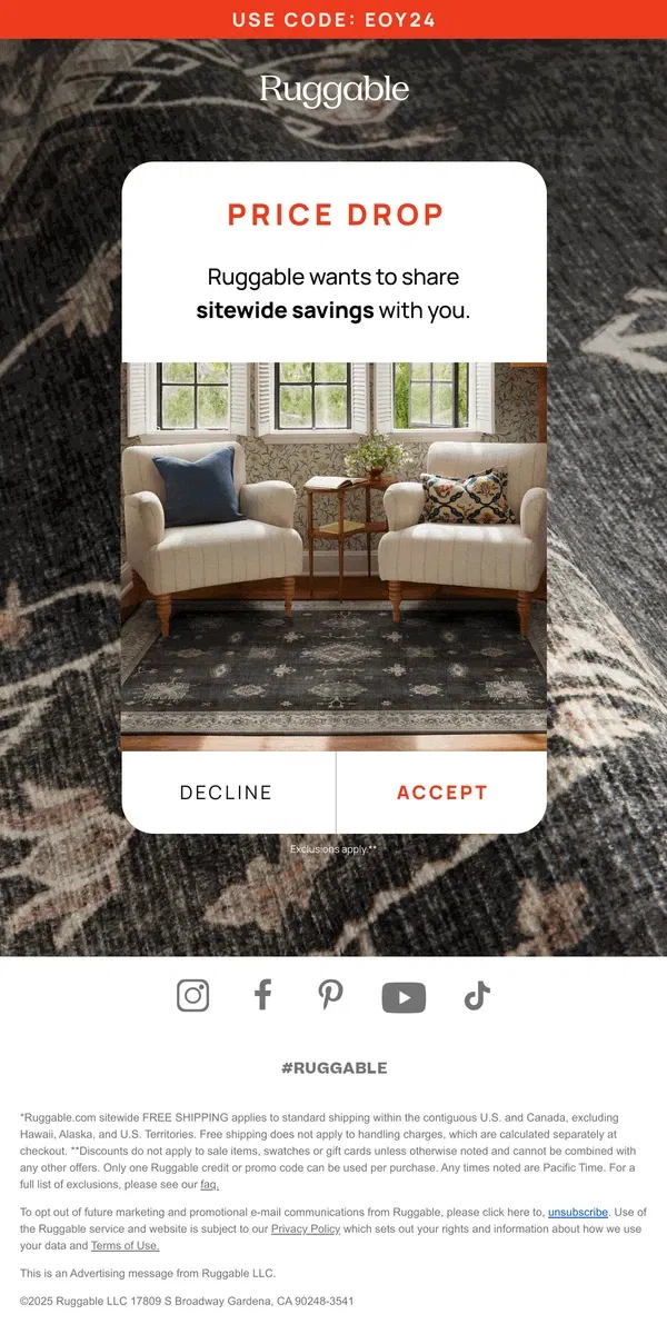 Email from Ruggable. Sending sitewide savings your way 🤳