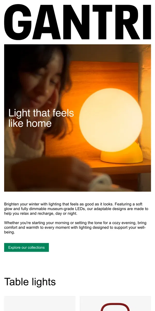 Email from Gantri. Self-care lighting for shorter days.