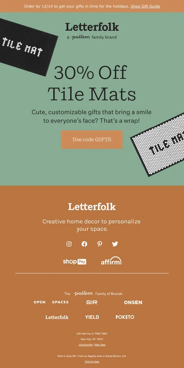 Email from Letterfolk. Limited Time Offer: Get 30% off Tile Mats 🚨