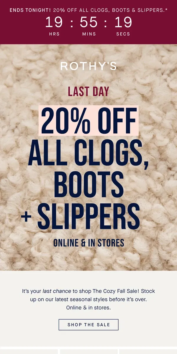 Email from Rothy's. ENDS TONIGHT! The Cozy Fall Sale. ⏳