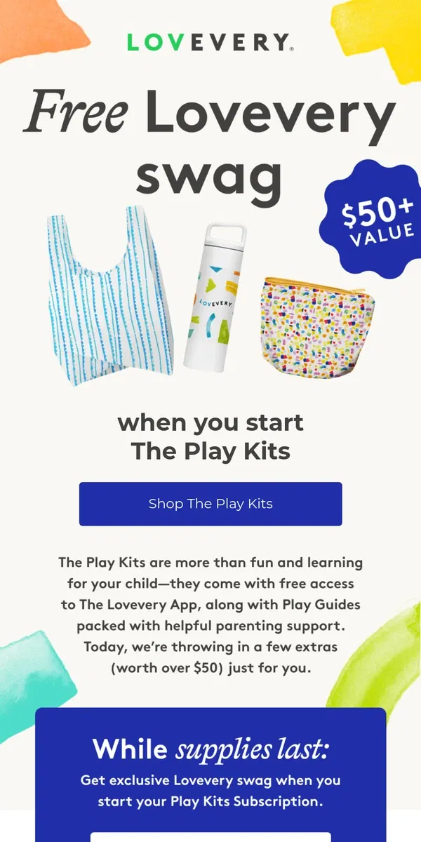 Email from Lovevery. Free Lovevery swag with The Play Kits