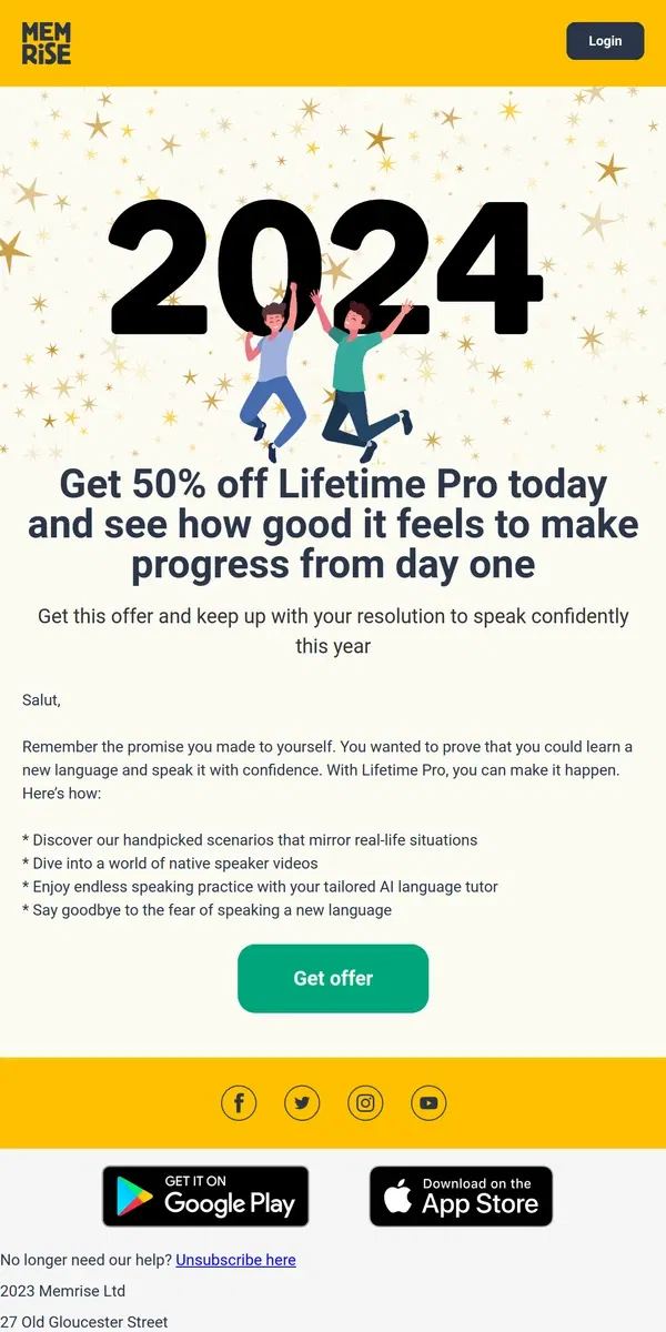 Email from Memrise. Don’t let the January blues get the best of you. Get 50% off Lifetime Pro today and see how good it feels to make progress from day one