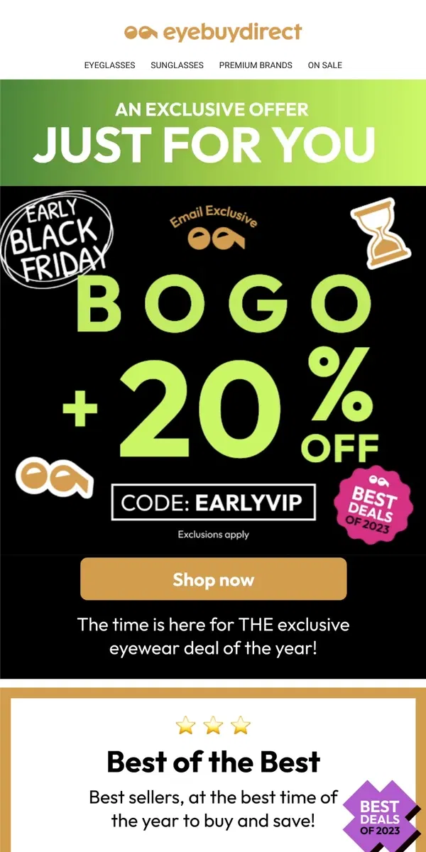 Email from Eyebuydirect. Email Exclusive: Tick tock! Early Black Friday starts NOW! ⏰ 