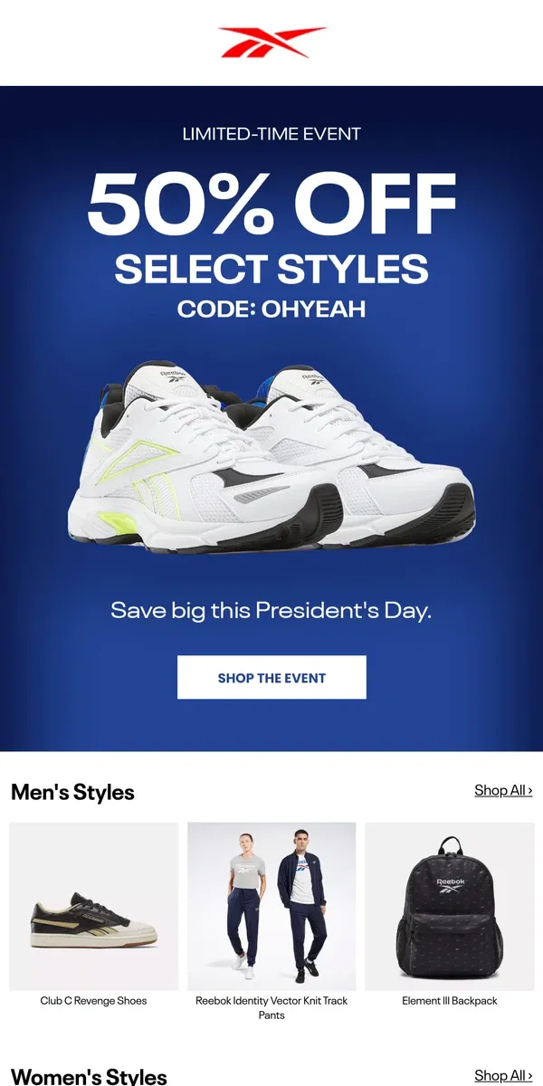 Email from Reebok. Don't Forget: Save 50% Today