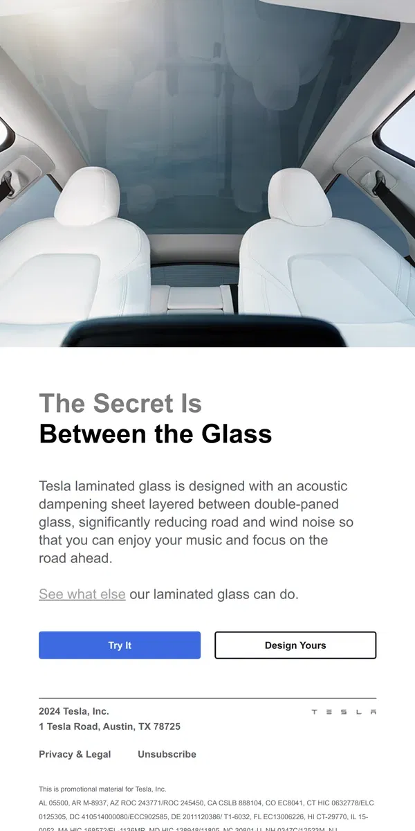 Email from Tesla. Designed to Keep Your Cabin Quiet