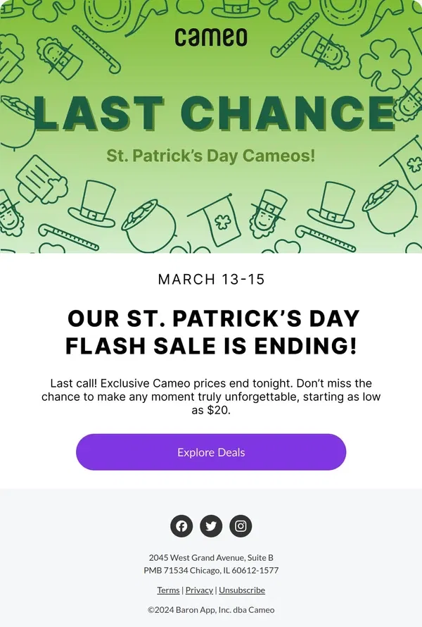 Email from Cameo. Last Chance for St. Patrick's Day Flash Sale!