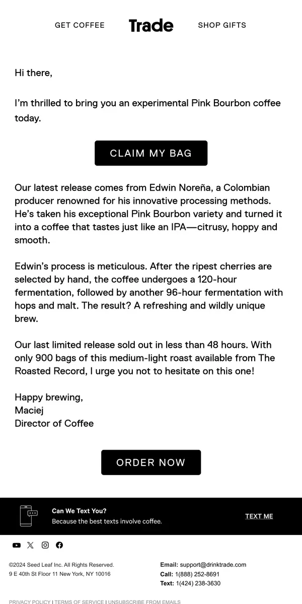 Email from Trade Coffee. Limited Release: Bourbon IPA is LIVE!