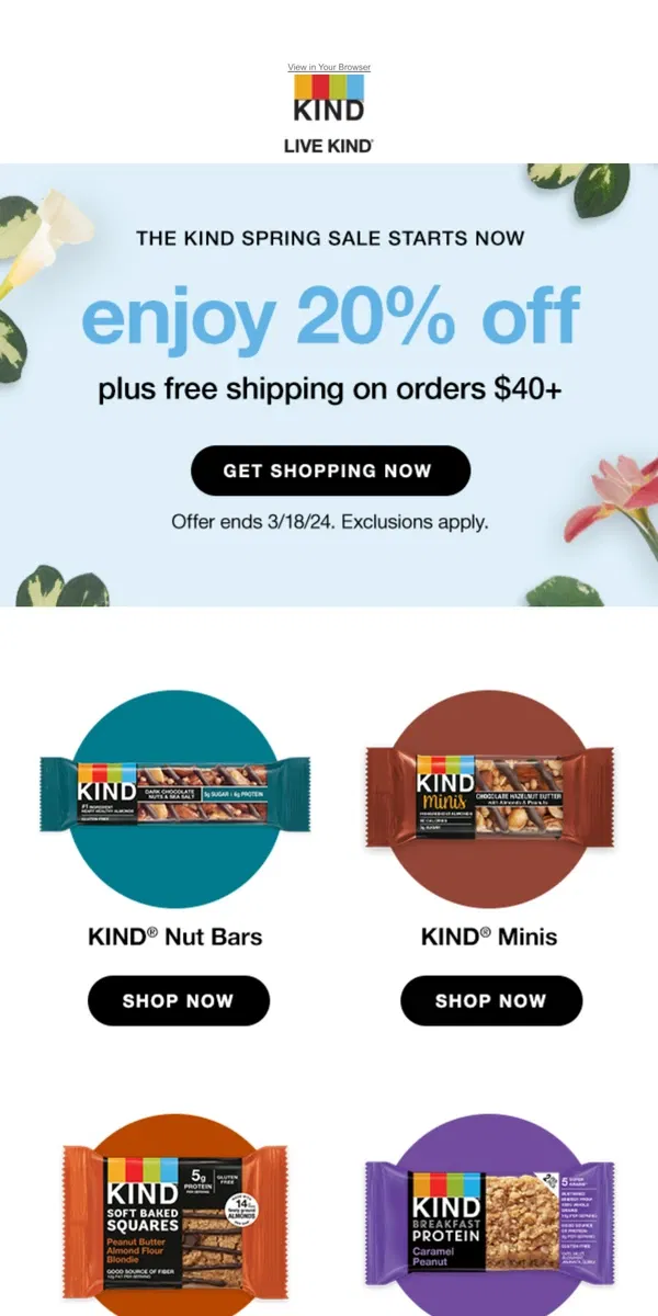 Email from KIND. The KIND Spring Sale starts NOW!