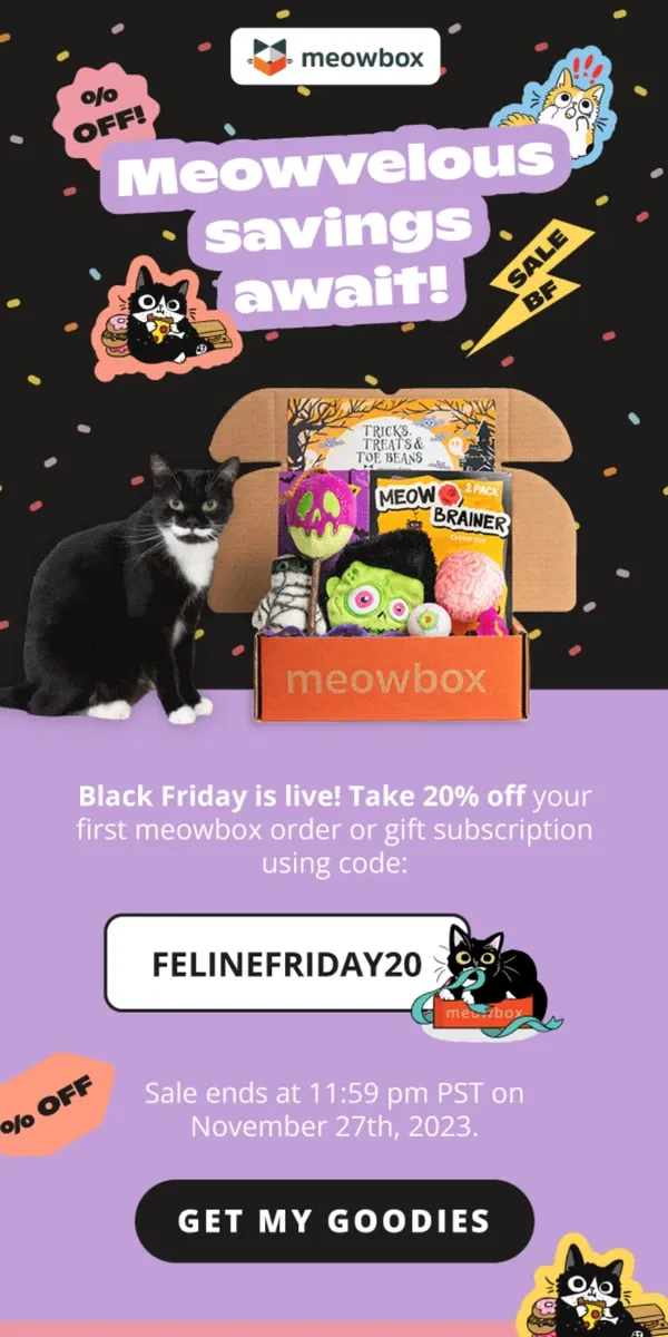 Email from meowbox. Black Friday is on meow 😺🎉