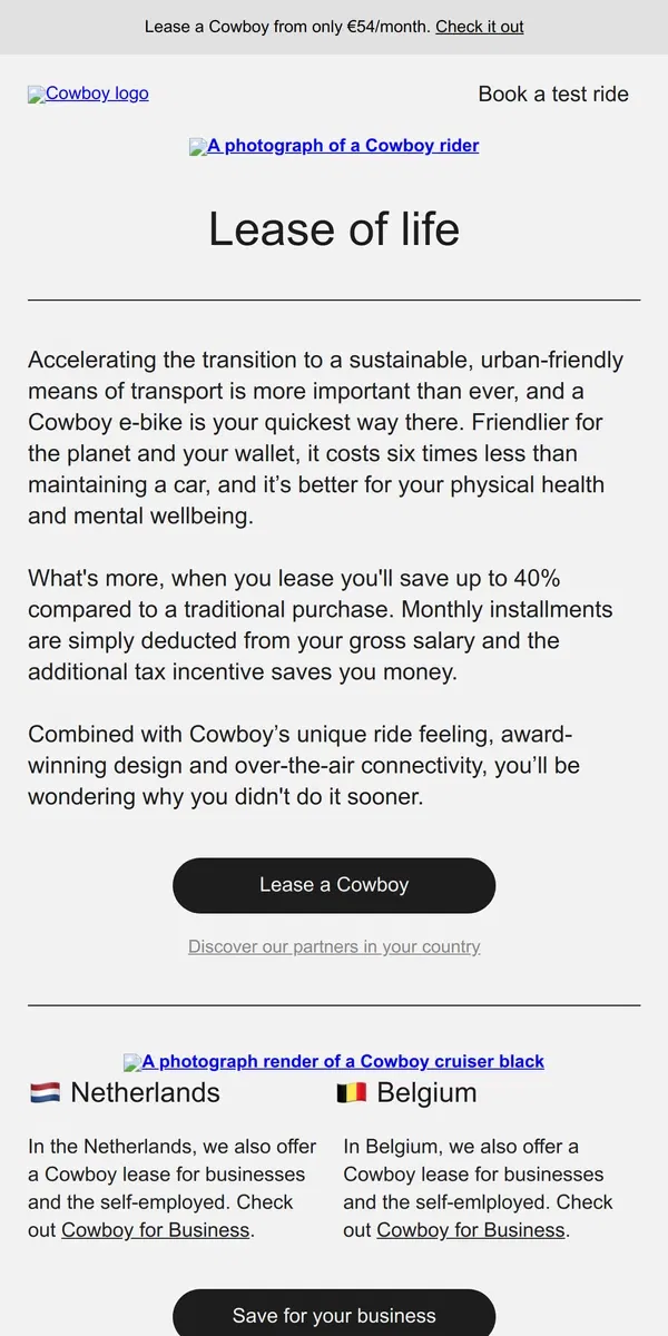 Email from Cowboy. Lease a Cowboy from only €54/month