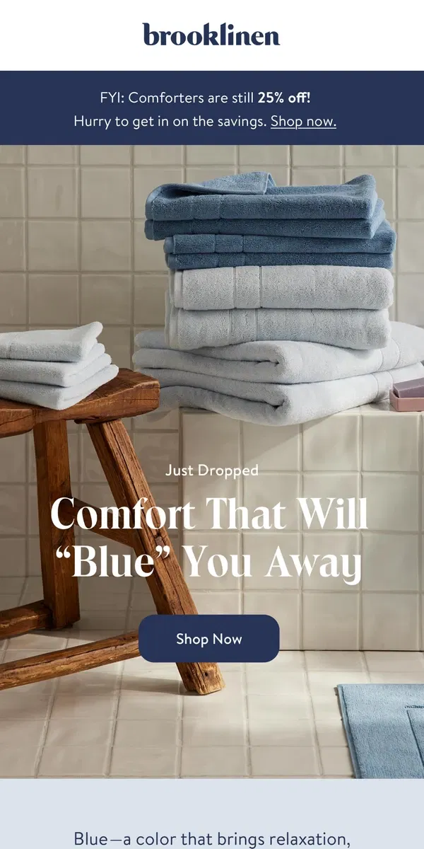 Email from Brooklinen. New Hues of Blue