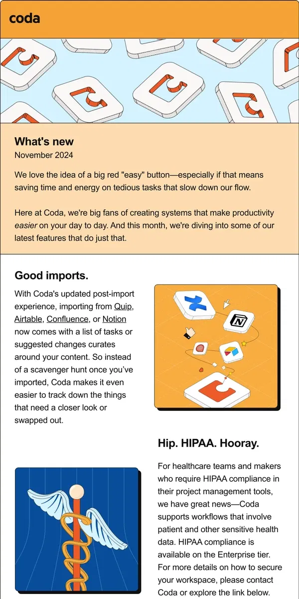 Email from Coda. What’s new: November 2024