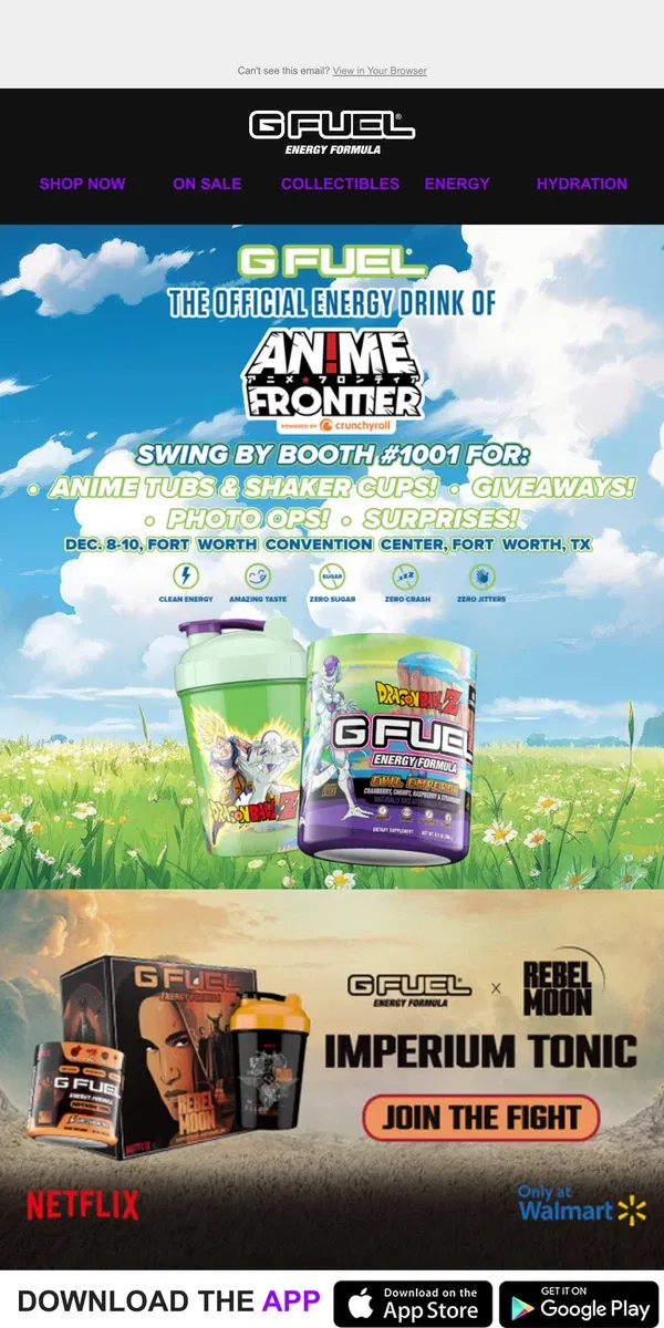 Email from G FUEL. Experience Ultimate Fan Engagement at Anime Frontier 💫✨