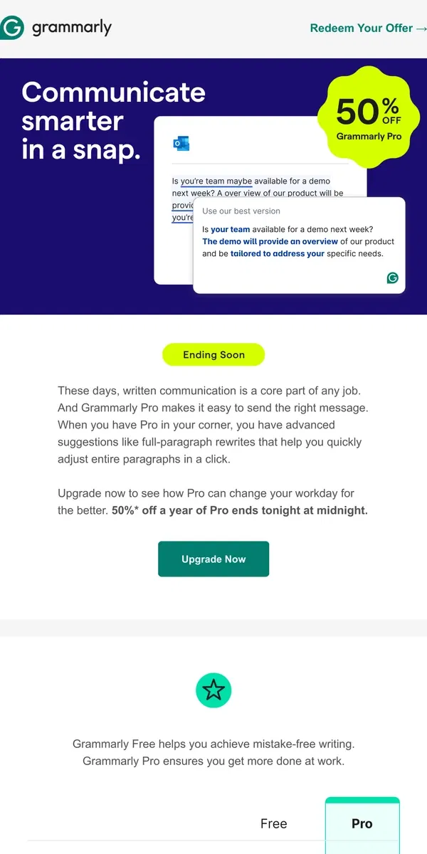 Email from Grammarly. 🚨 Final day: 50% off a year of Pro