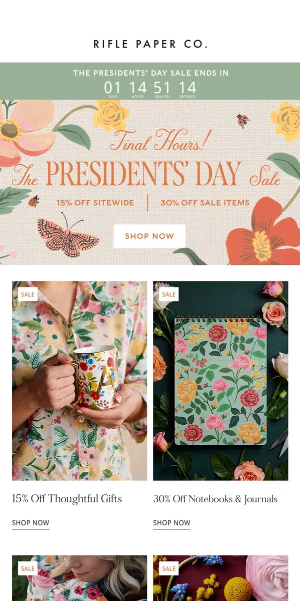 Email from Rifle Paper Co.. One Day Left: 15% off Sitewide + 30% off Sale