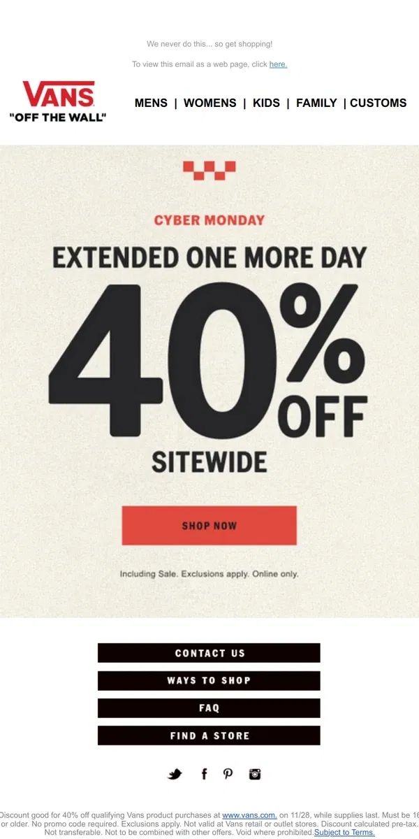 Email from Vans. 40% Off Sitewide EXTENDED​