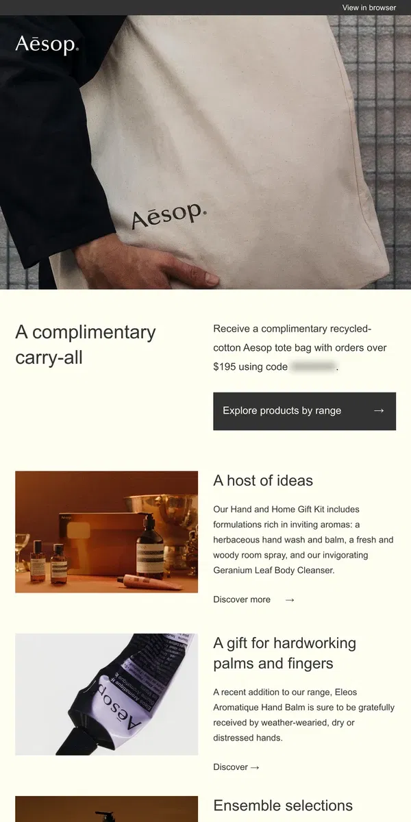 Email from Aesop. A recycled-cotton Aesop tote bag for you