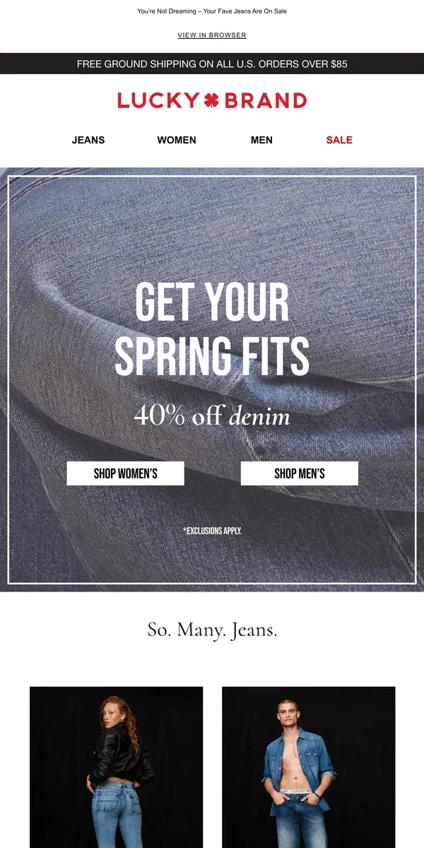 Email from Lucky Brand. Our Very Best Denim, Now 40% Off