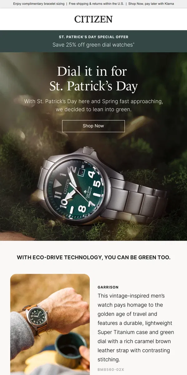 Email from Citizen Watch. It’s St. Patrick’s Day! Save 25% off green dial watches!