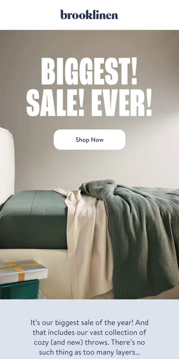 Email from Brooklinen. Our BIGGEST SALE YET