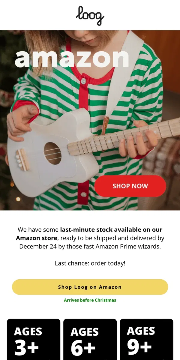 Email from Loog Guitars. Amazon to the rescue! 🚚🌲🎁