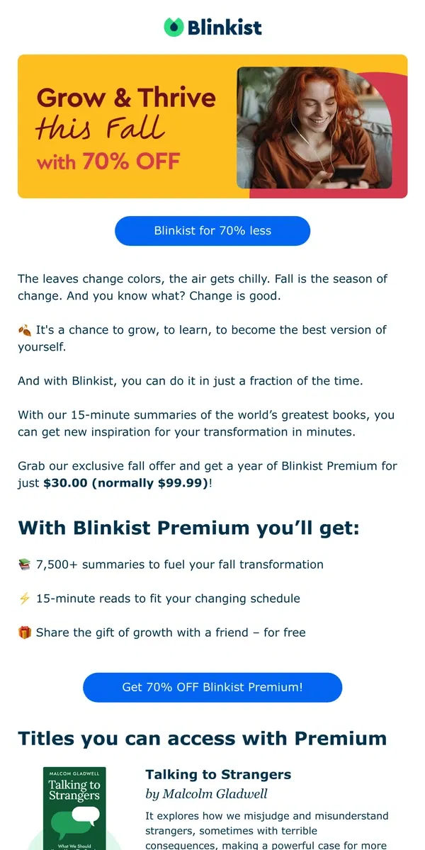 Email from Blinkist. 🍁 This Fall, Transform Yourself - 70% Off Blinkist Premium 🔥📖