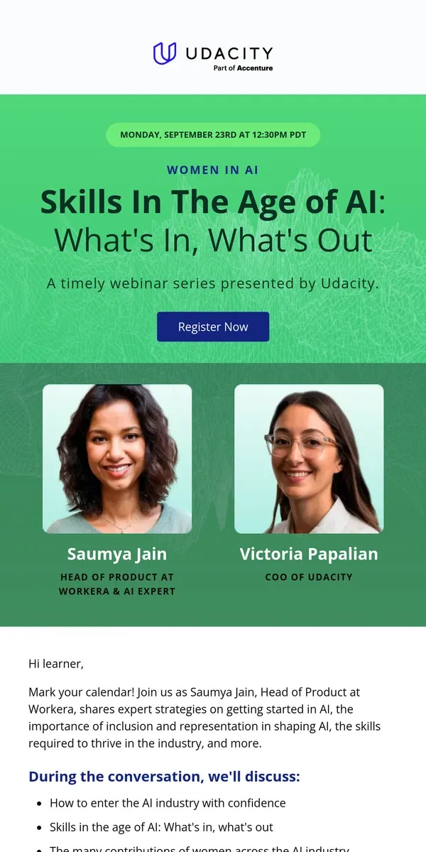 Email from Udacity. [Webinar] Women in AI: Skills in the Age of AI — What's In, What's Out