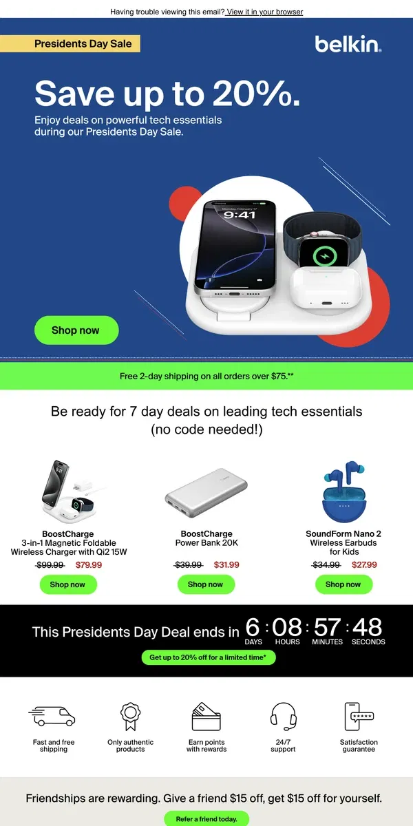 Email from Belkin. Save up to 20% for Presidents Day 💥