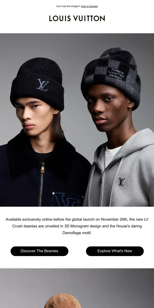 Email from Louis Vuitton. Online Only: New LV Crush Beanies