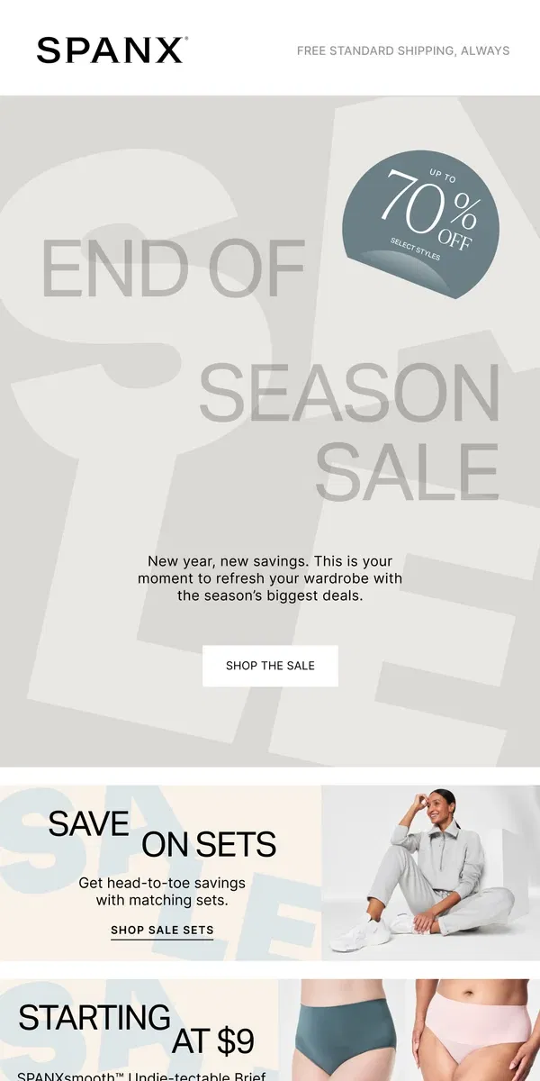 Email from SPANX. End of Season Sale is ON & Up to 70% OFF