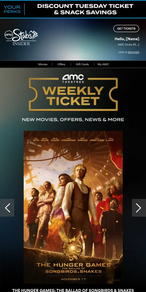 Email from AMC Theatres. [Name], Your Weekly Ticket Is Here