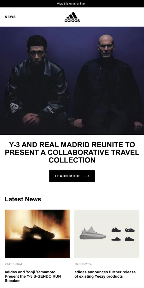 Email from Adidas. Y-3 and Real Madrid Reunite to Present a Collaborative Travel Collection