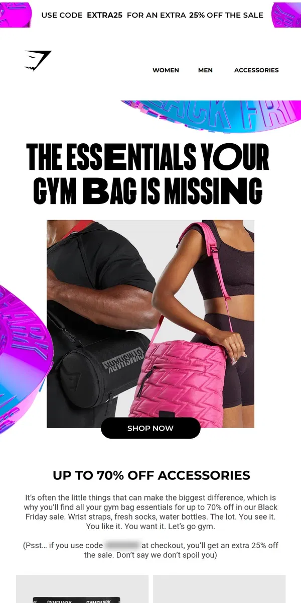 Email from Gymshark. Gym bag essentials for up to 70% off