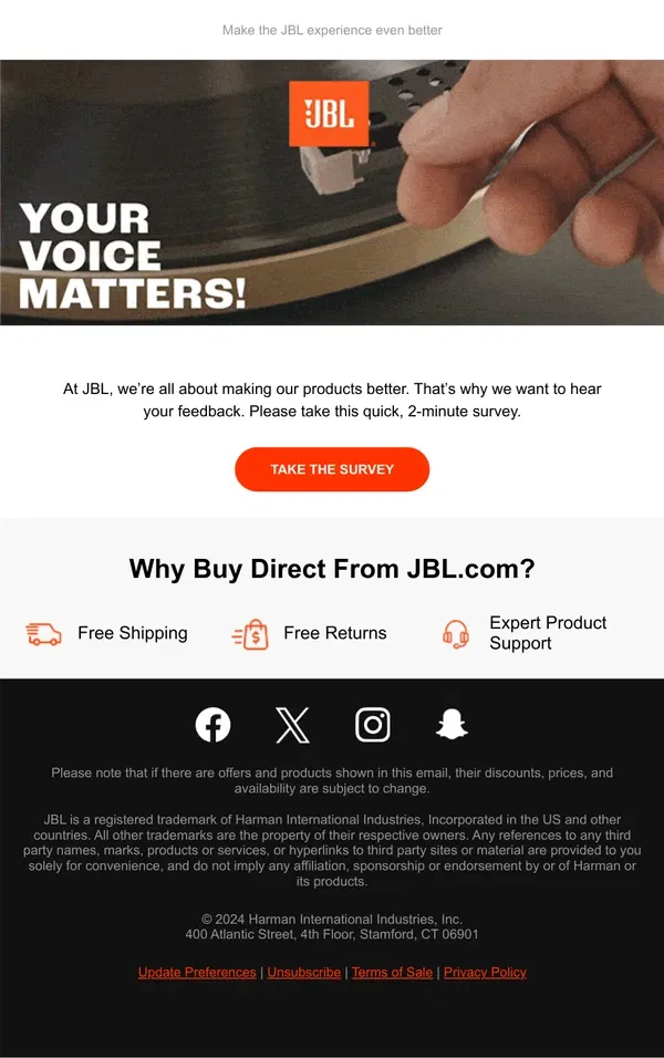 Email from JBL. Your Voice Matters!