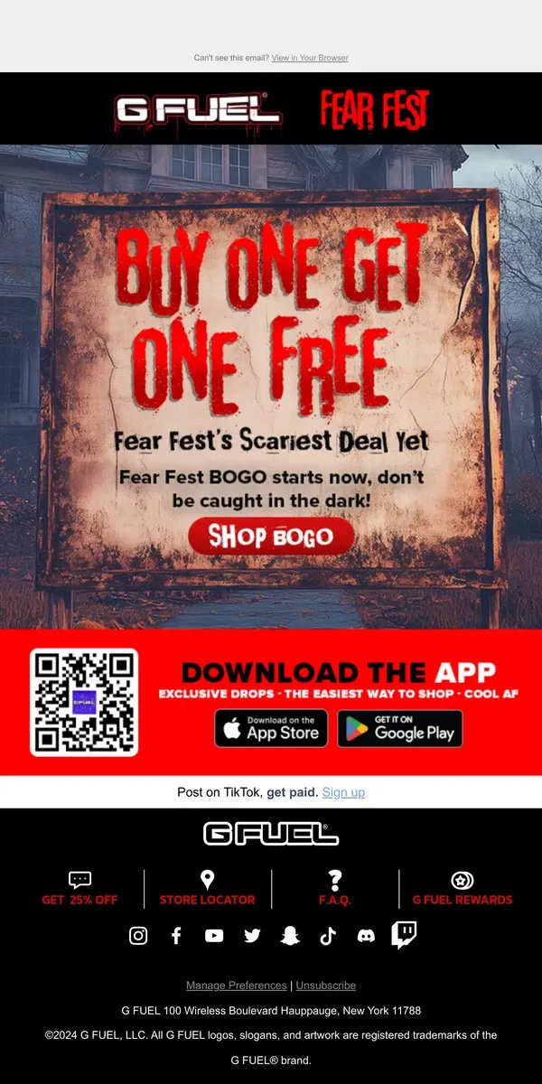 Email from G FUEL. Fear Fest BOGO Starts Today!