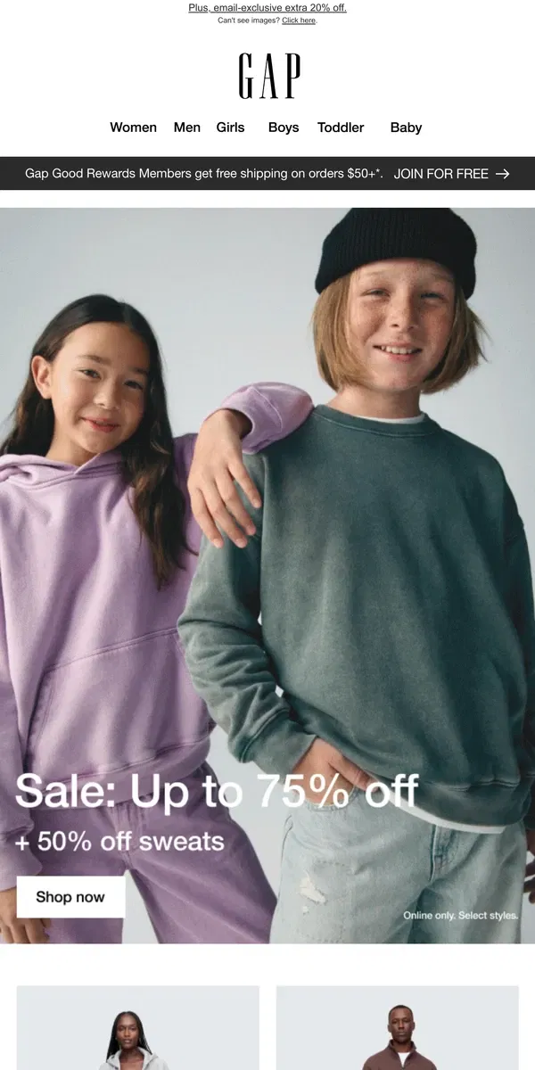 Email from GAP. Up to 75% off is calling — plus, half off sweats