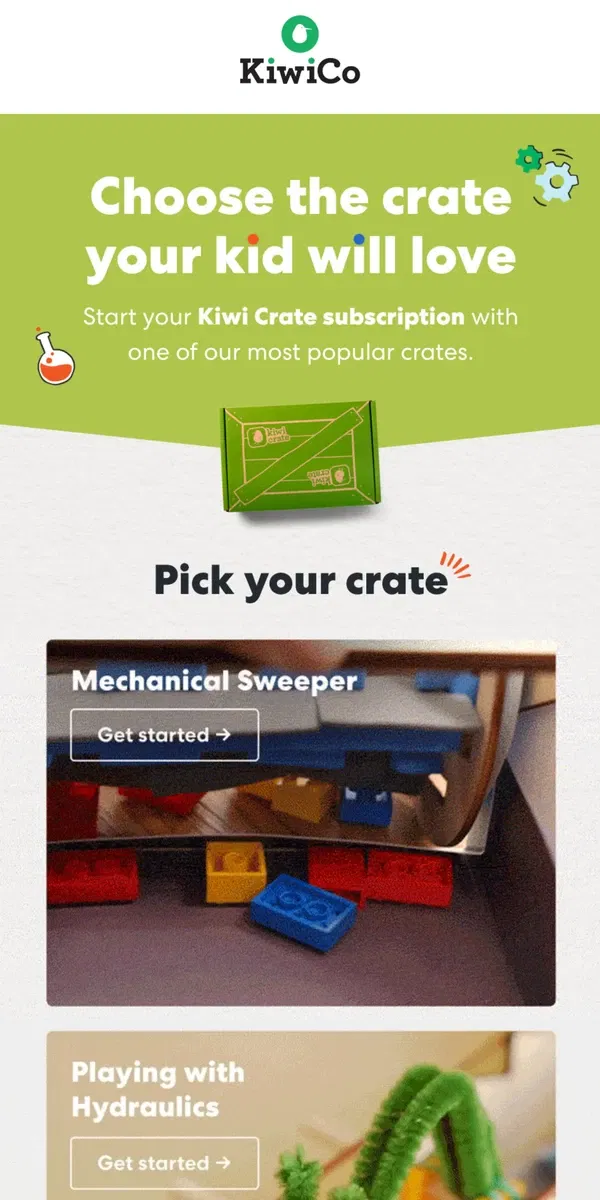 Email from KiwiCo. New: Choose your first Kiwi Crate project!