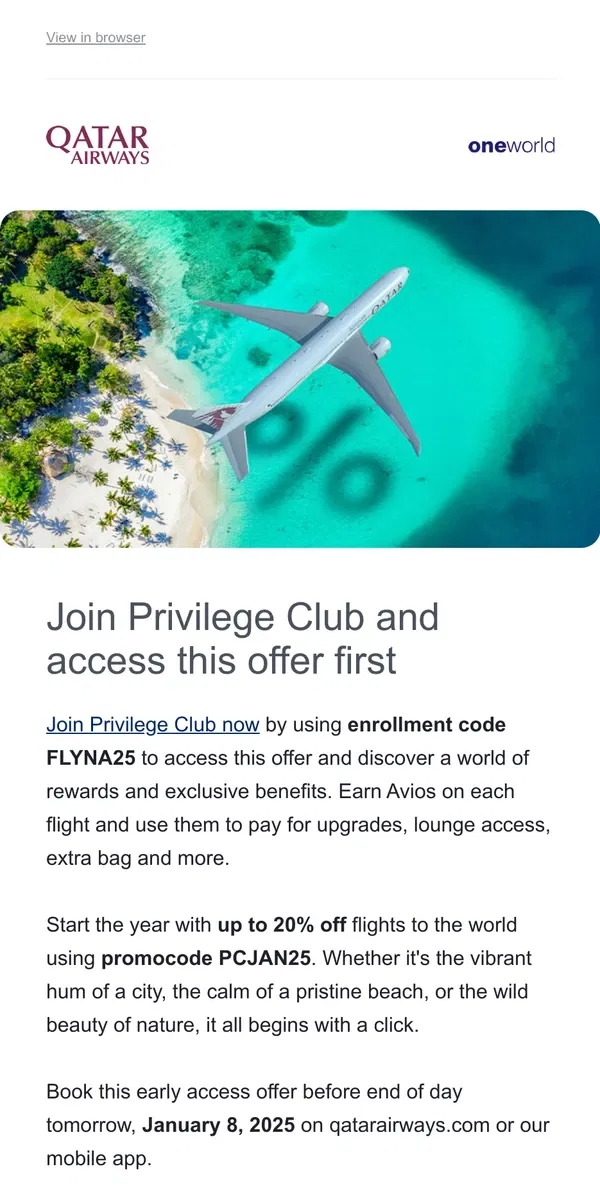 Email from Qatar Airways. Get early access on our first offer of the year!