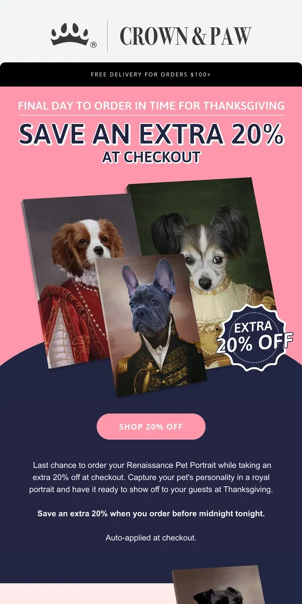 Email from Crown & Paw. Last Day to Order: 20% Off Pet in Costume ⏰