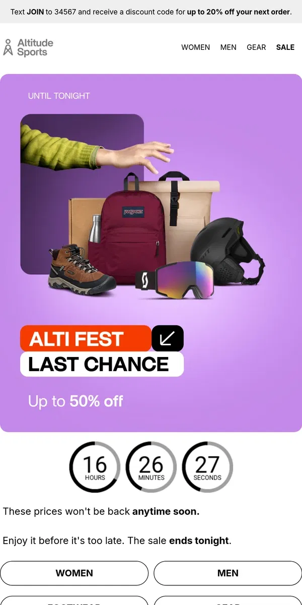 Email from Altitude Sports. Up to 50% off with Alti Fest: It ends tonight