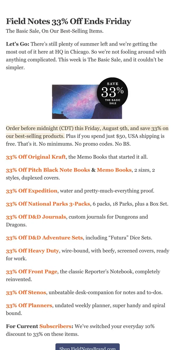 Email from Field Notes. Field Notes 33% Off Ends Friday