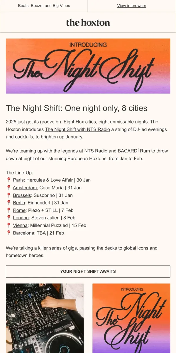 Email from The Hoxton. The Night Shift with NTS is calling