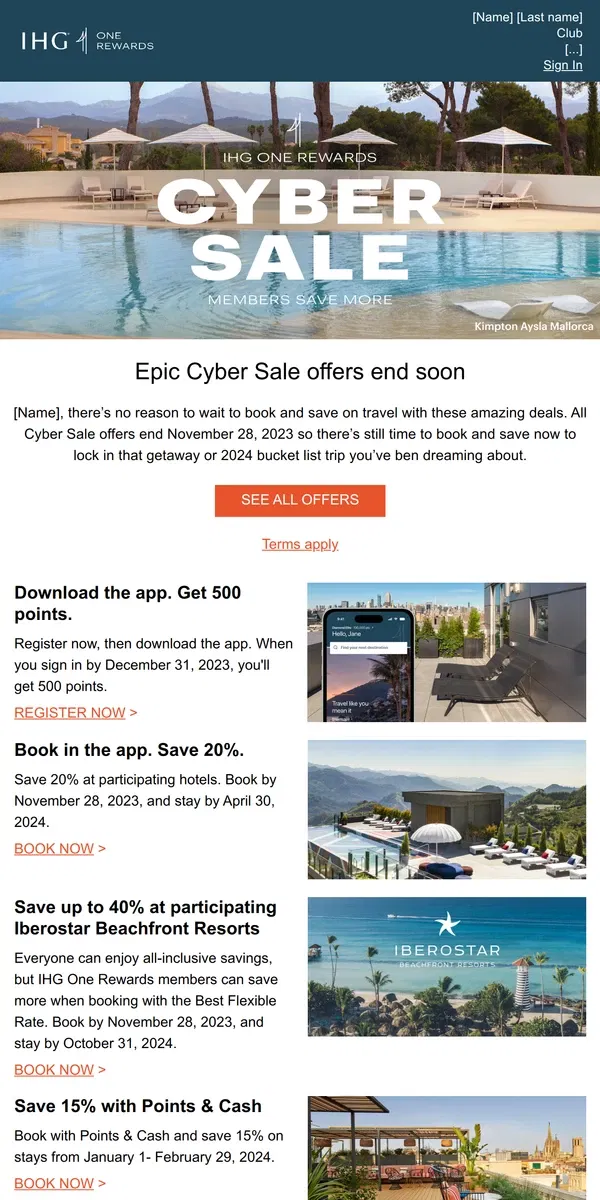 Email from IHG Hotels & Resorts. Hours left: Cyber Sale offers end soon.