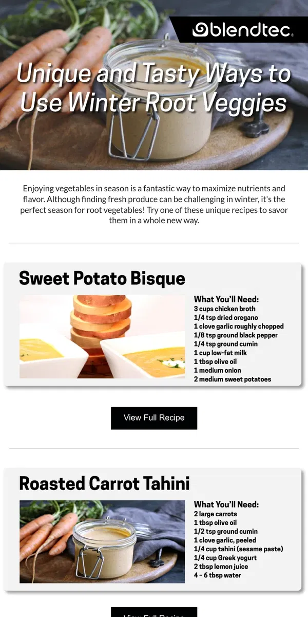 Email from Blendtec. Winter Roots Vegetables are in Season!